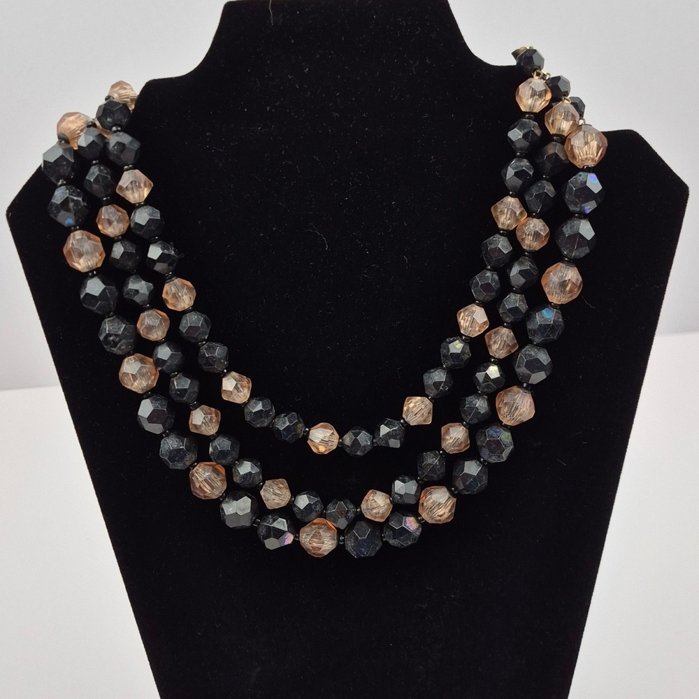 VTG West Germany‎ Art Glass 3 Strand Beaded Necklace Black Beige Choker 18" MCM